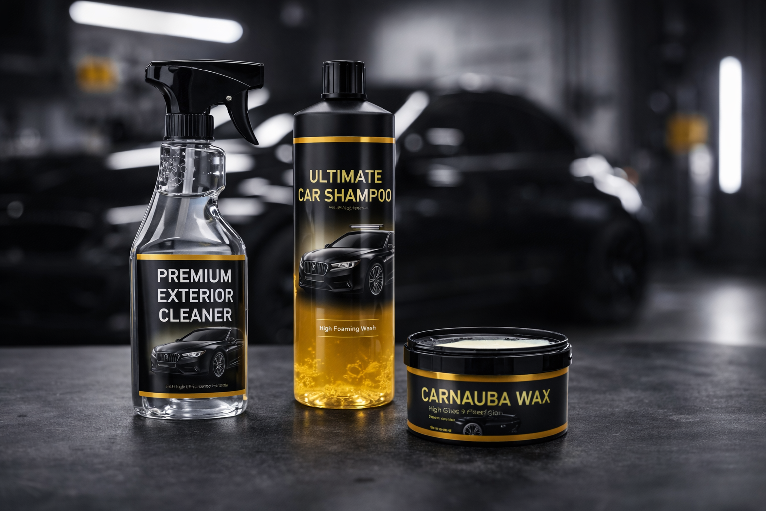 Autopflegeprodukte: Glasreinigerspray, Felgenreinigerflasche und Carnaubawachsdose auf einer dunklen Oberfläche.