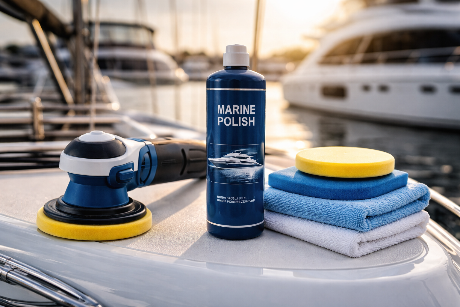 Polierutensilien für Boote an Deck: Poliermaschine, Polierflasche, Schwamm und Handtücher.