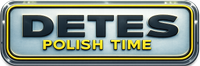 DETES POLISH TIME-Logo in Metallicgrau und Gelb auf einem rechteckigen Abzeichen mit Chromrahmen