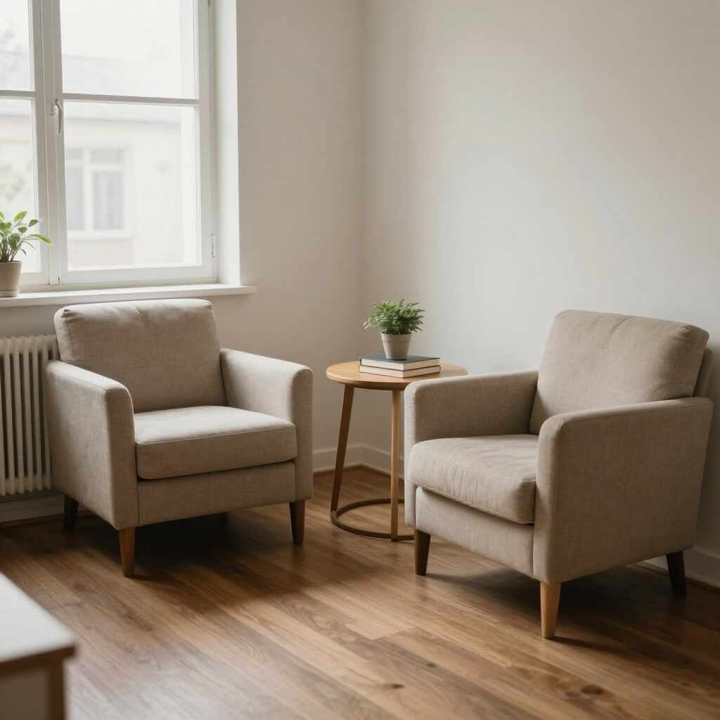 Dos sillones beige junto a una pequeña mesa de madera en una habitación luminosa con una ventana y suelo de madera dura
