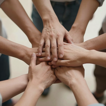 Manos apiladas en un gesto de trabajo en equipo que simboliza la unidad y la colaboración.