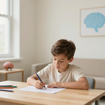 Un niño escribe en una mesa de madera en una habitación luminosa, con una lámina enmarcada de un cerebro en la pared