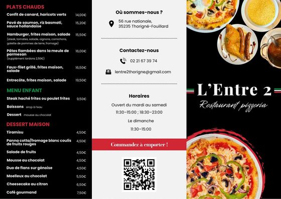 Flyer de restaurant avec menu, horaires, coordonnées, QR code et photos de pizzas et d'entrées.