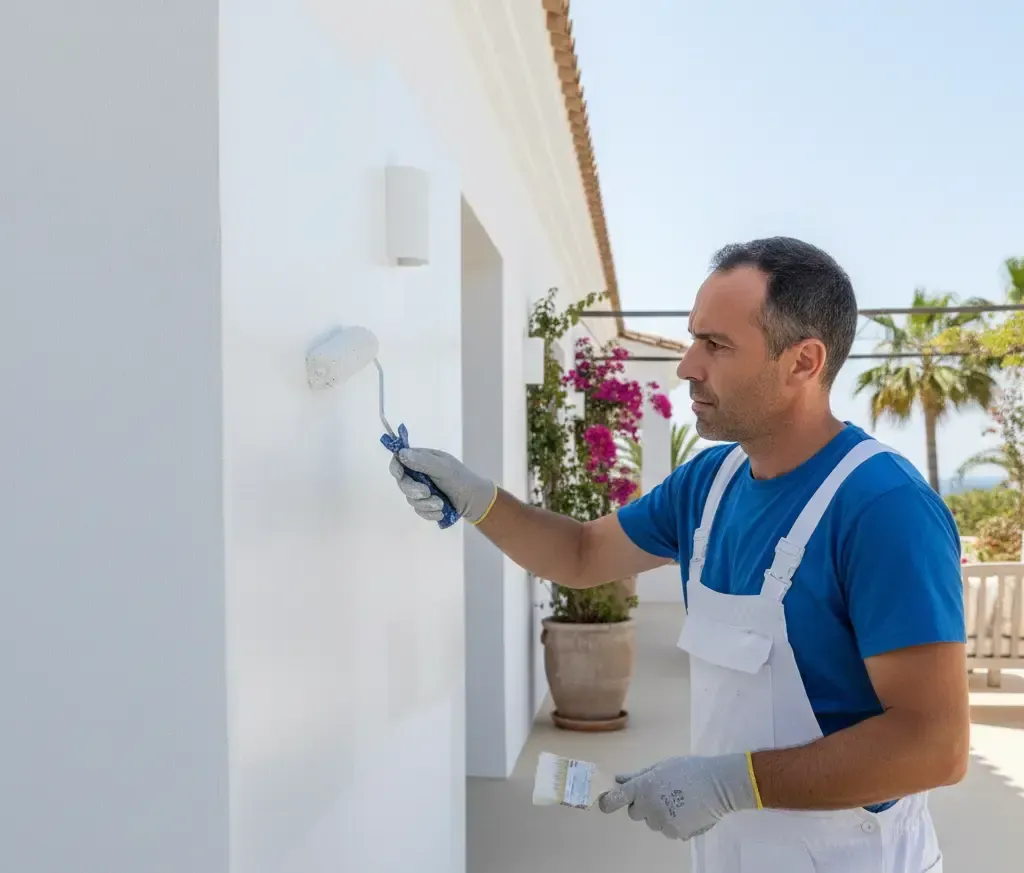 Aplicación de revestimiento acrílico elástico en fachada exterior para evitar grietas.