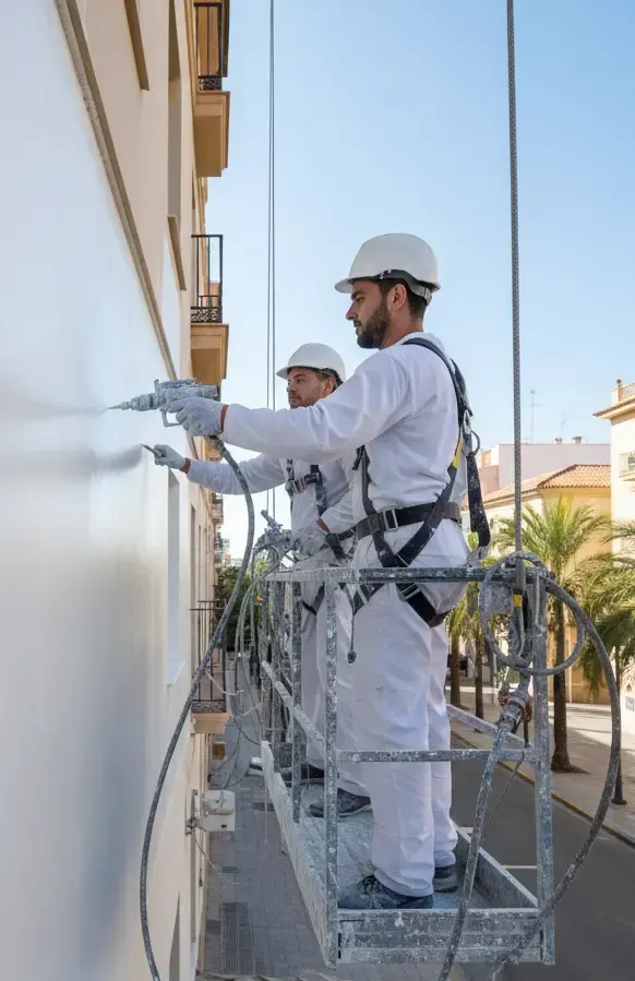 Equipo profesional de pintores de fachadas en Castellón con medidas de seguridad y andamiaje.