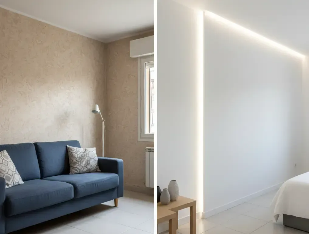 Antes y después de quitar gotelé en salón de Castellón.