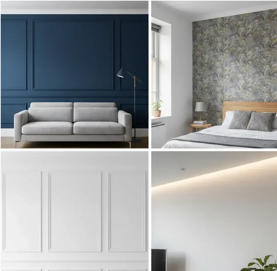 Pared lisa pintada en color tendencia con luz LED rasante.