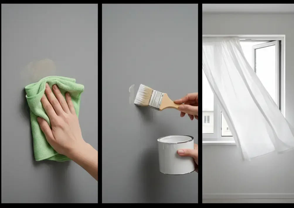 Limpieza de pared lisa con paño húmedo en vivienda.