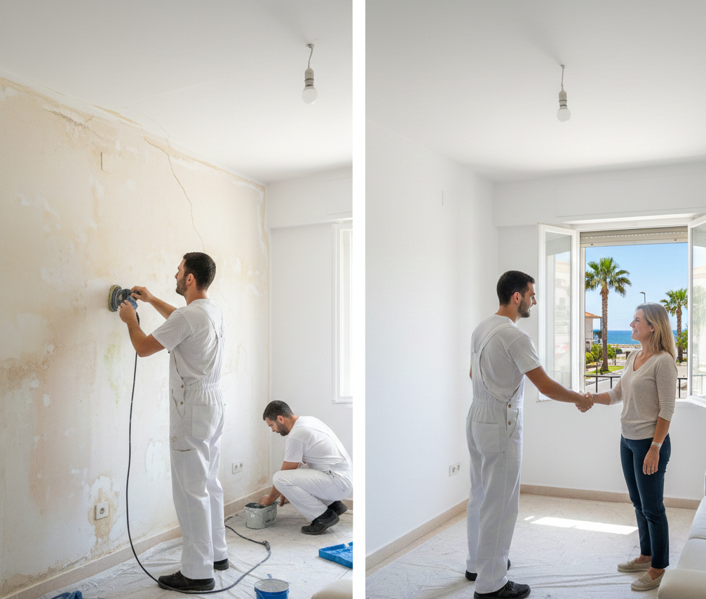 Una mujer sostiene un balde de pintura y rodillos de pintura.