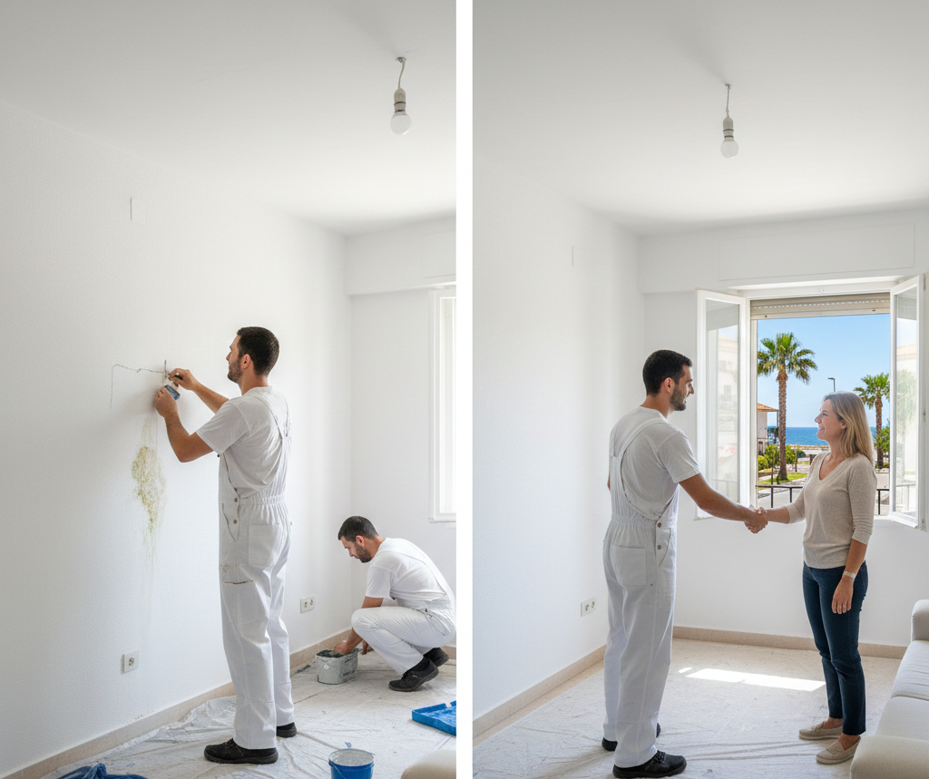 Una mujer sostiene un balde de pintura y rodillos de pintura.