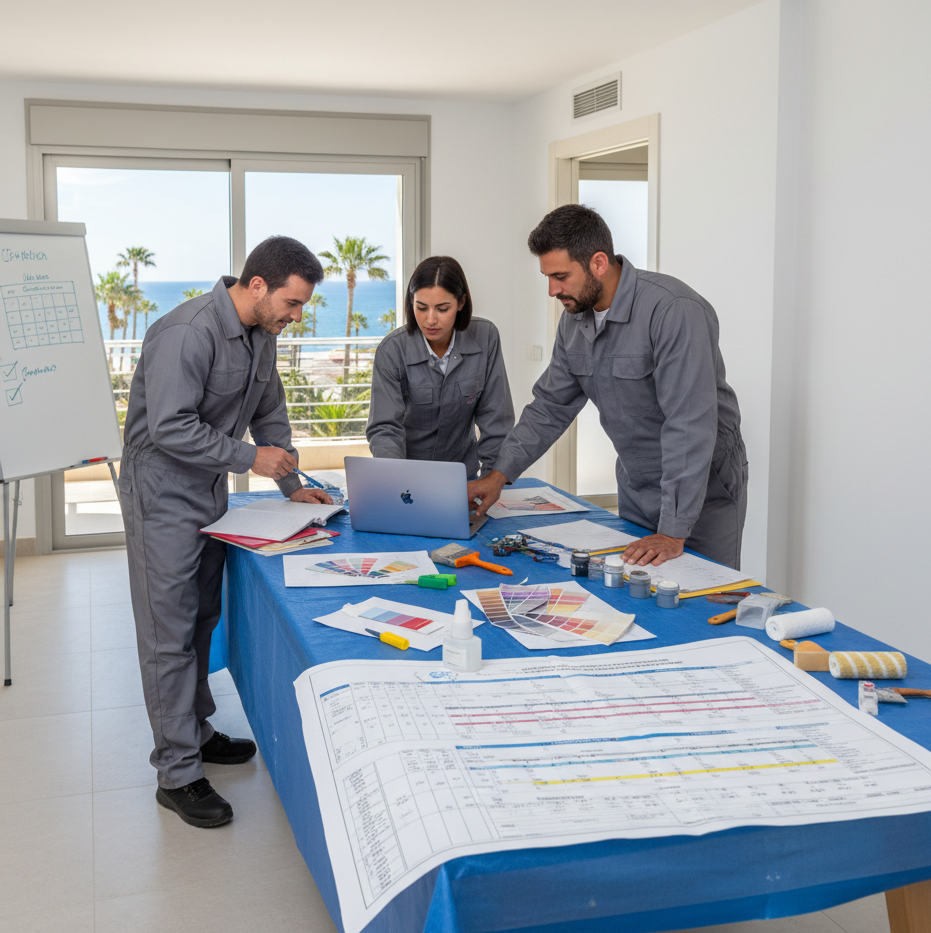 Equipo planificando los trabajos de pintura de comunidades