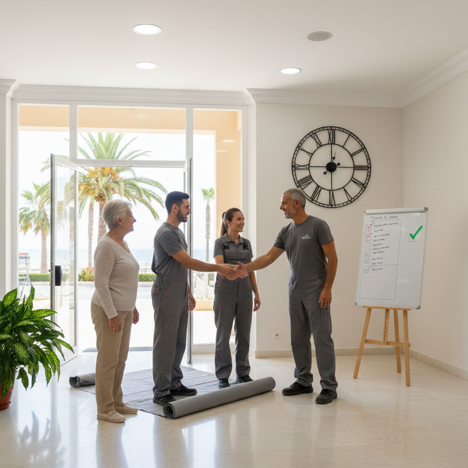 Pintores acordando plazos del proyecto para la comunidad de vecinos
