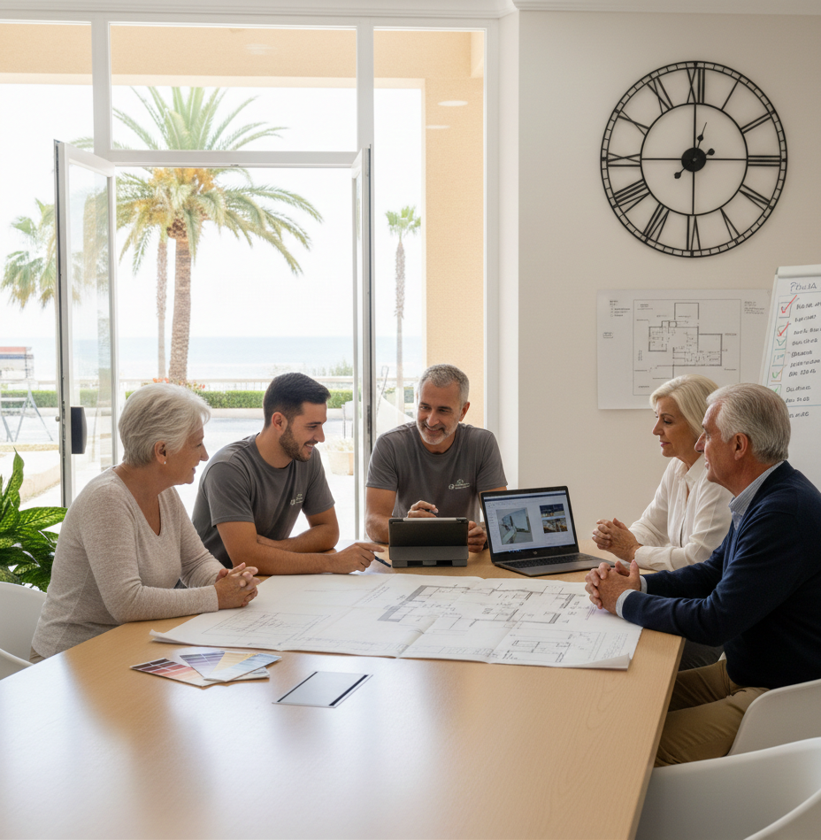 Pintores informando del progreso de trabajos de pintura en comunidad de vecinos