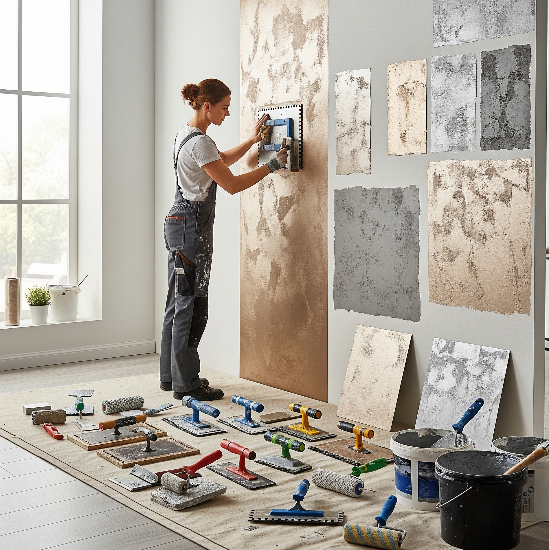 Mujer probando diferentes técnicas de pintura decorativa