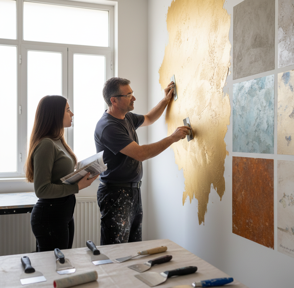 Pintor enseña a clienta diferentes técnicas decorativas