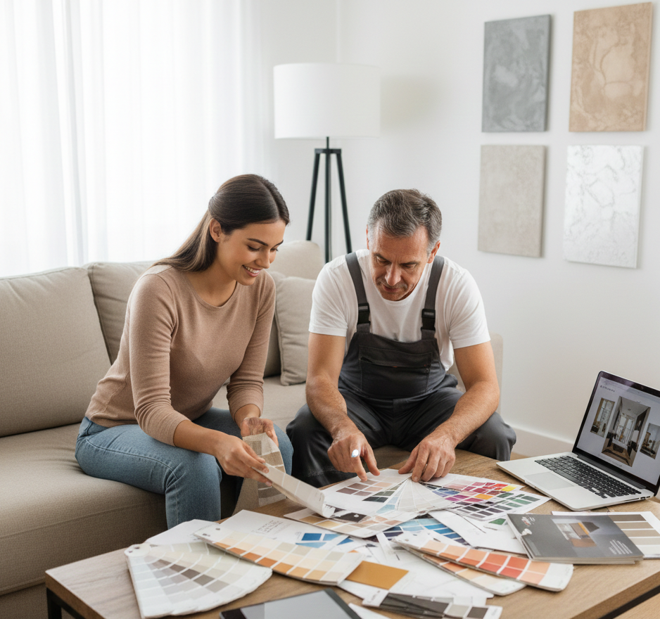 Pintor asesora a clienta sobre el tipo de pintura