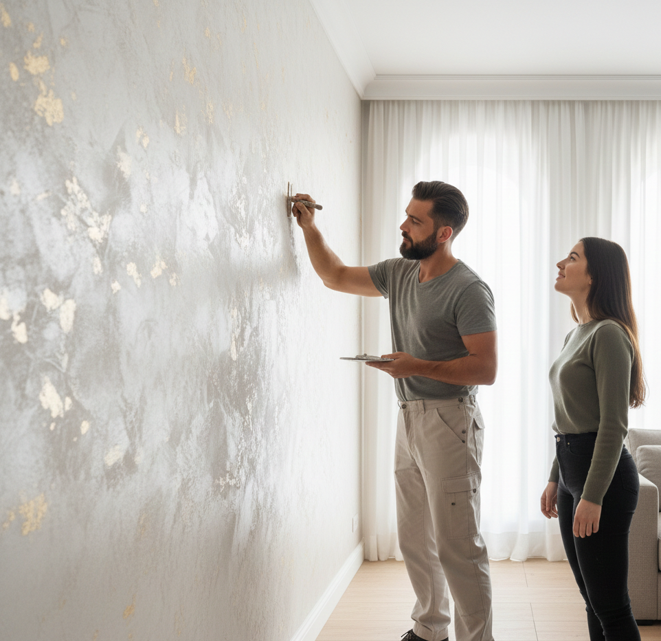 Pintor explica con detalle cómo se va a proceder con el pintado de la pared
