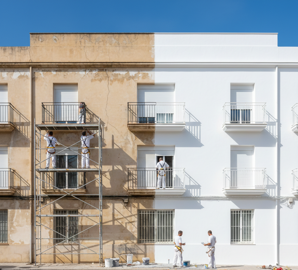 Pintores haciendo una rehabilitación de fachada