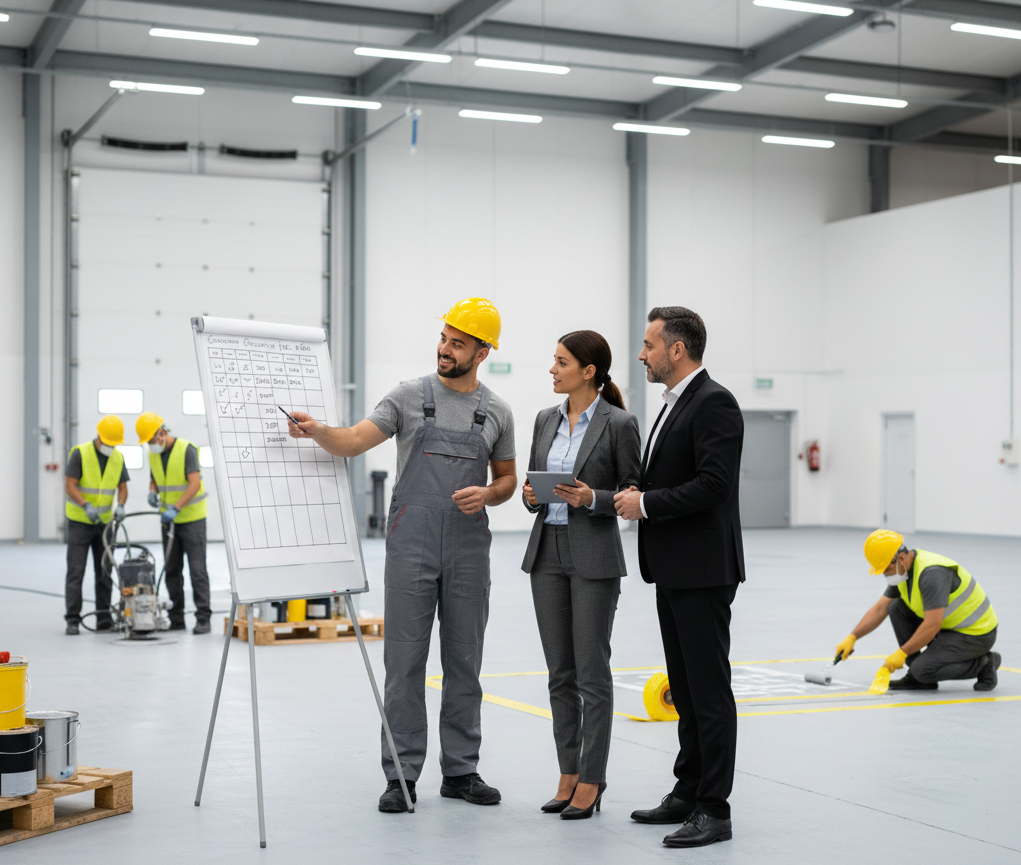 El pintor le explica a los clientes cómo va el proyecto