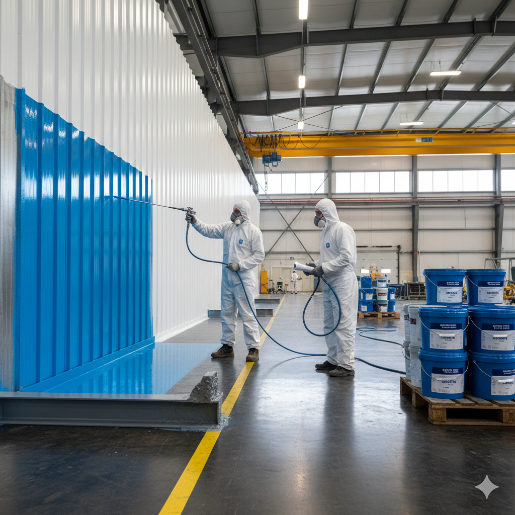 Dos hombres con mono de pintura pintan pared metálica en azul