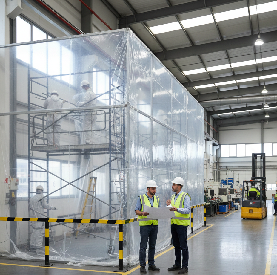 Dos operarios se organizan para cumplir con trabajos de pintura de nave