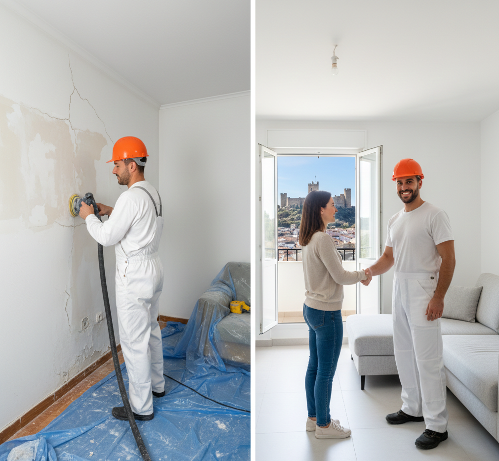 Una mujer sostiene un balde de pintura y rodillos de pintura.