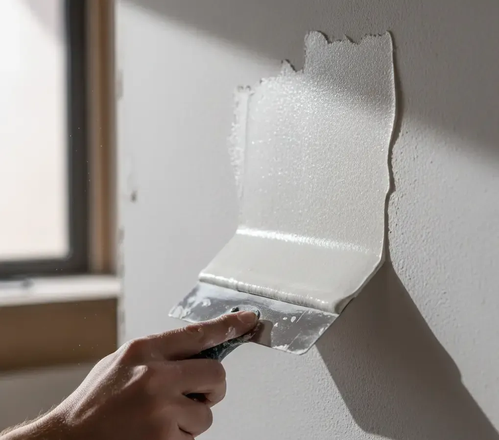 Detalle de aplicación de masilla de acabado para paredes lisas.
