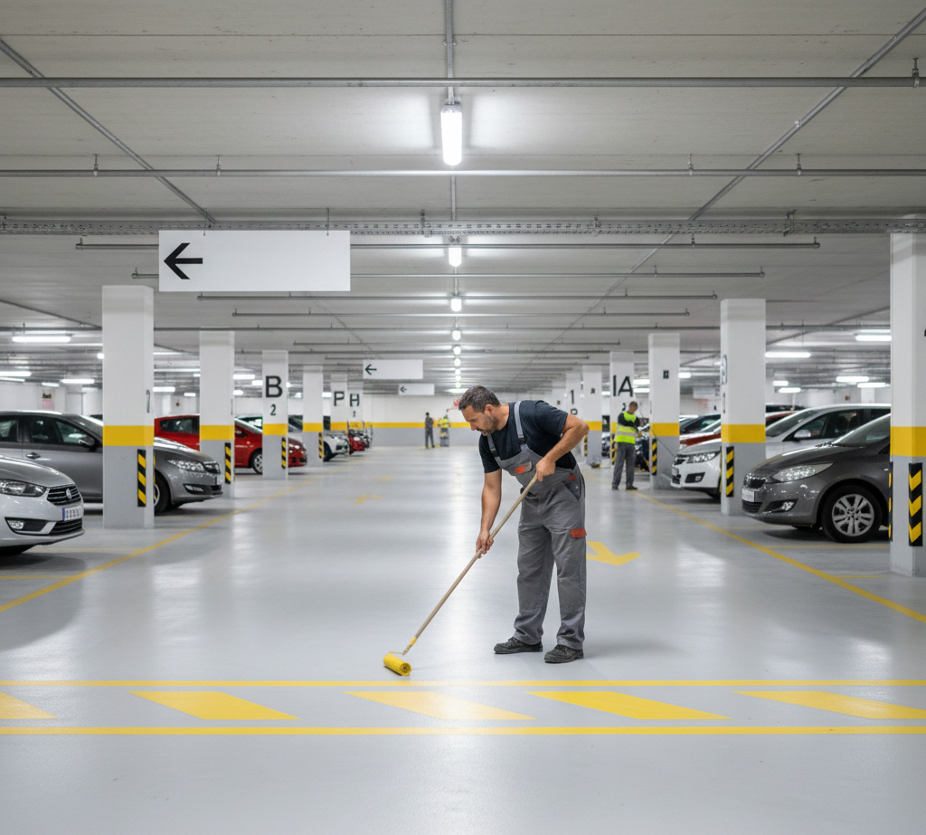 Pintor repasando pintura del suelo del parking
