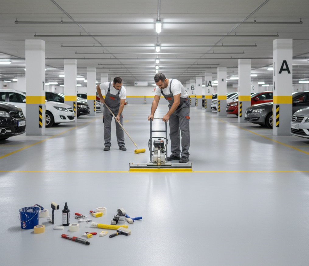 Dos pintores utilizan herramental adecuado para pintura parking