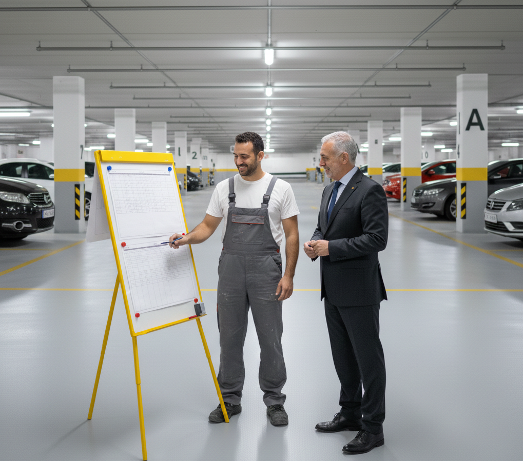 Pintor contando los avances de la pintura del parking al cliente