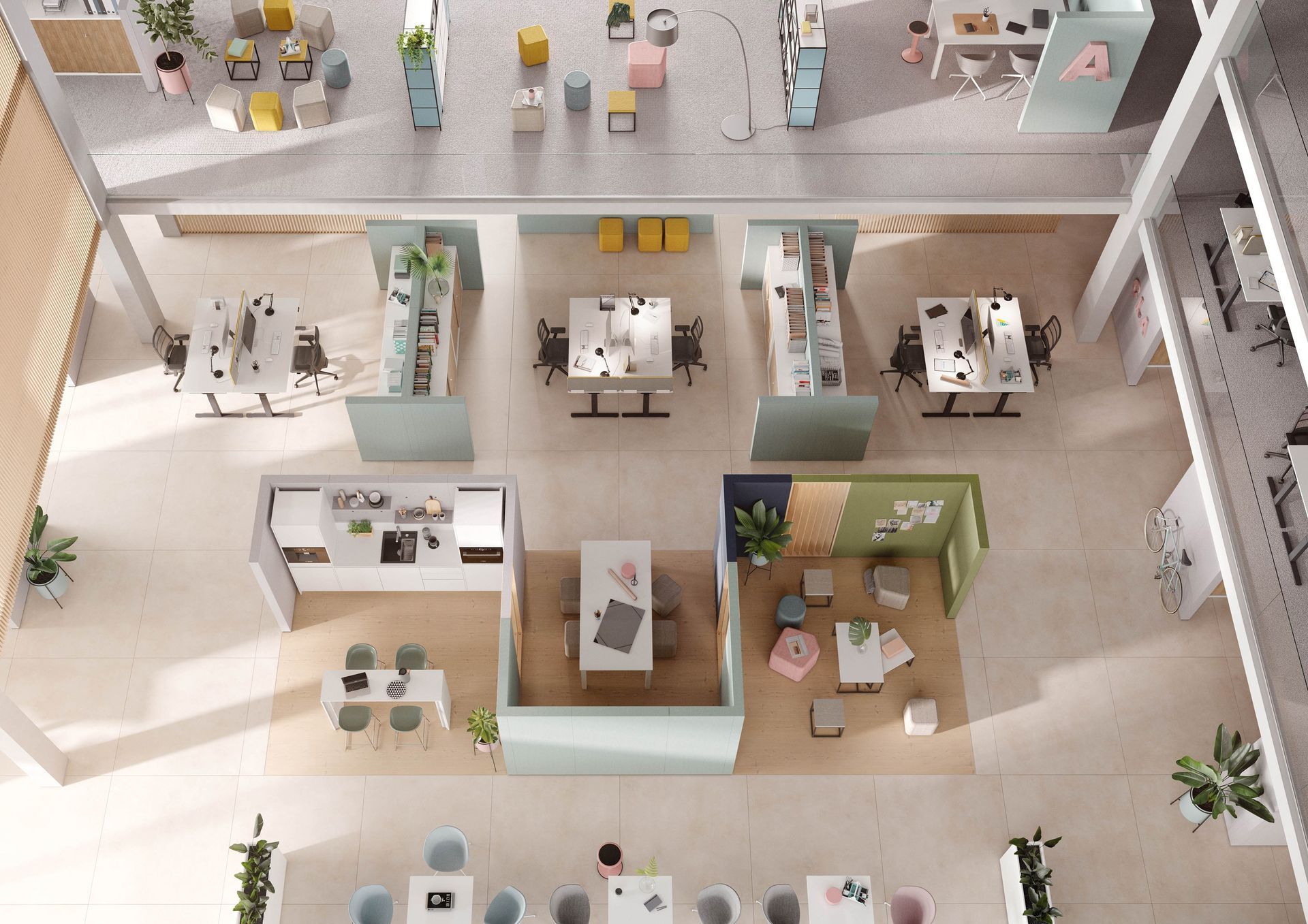 Realistische Visualisierung eines modernen Open-Space-Büros mit verschiedenen Arbeitsbereichen