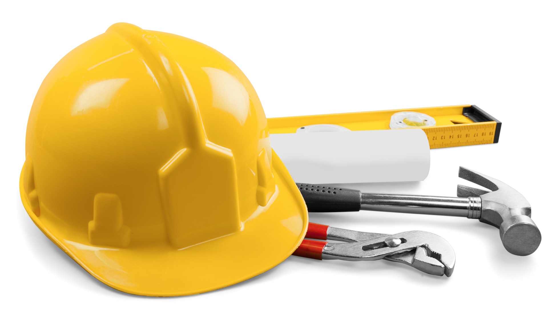 Casque jaune avec outils : marteau, niveau, pinces et plans.