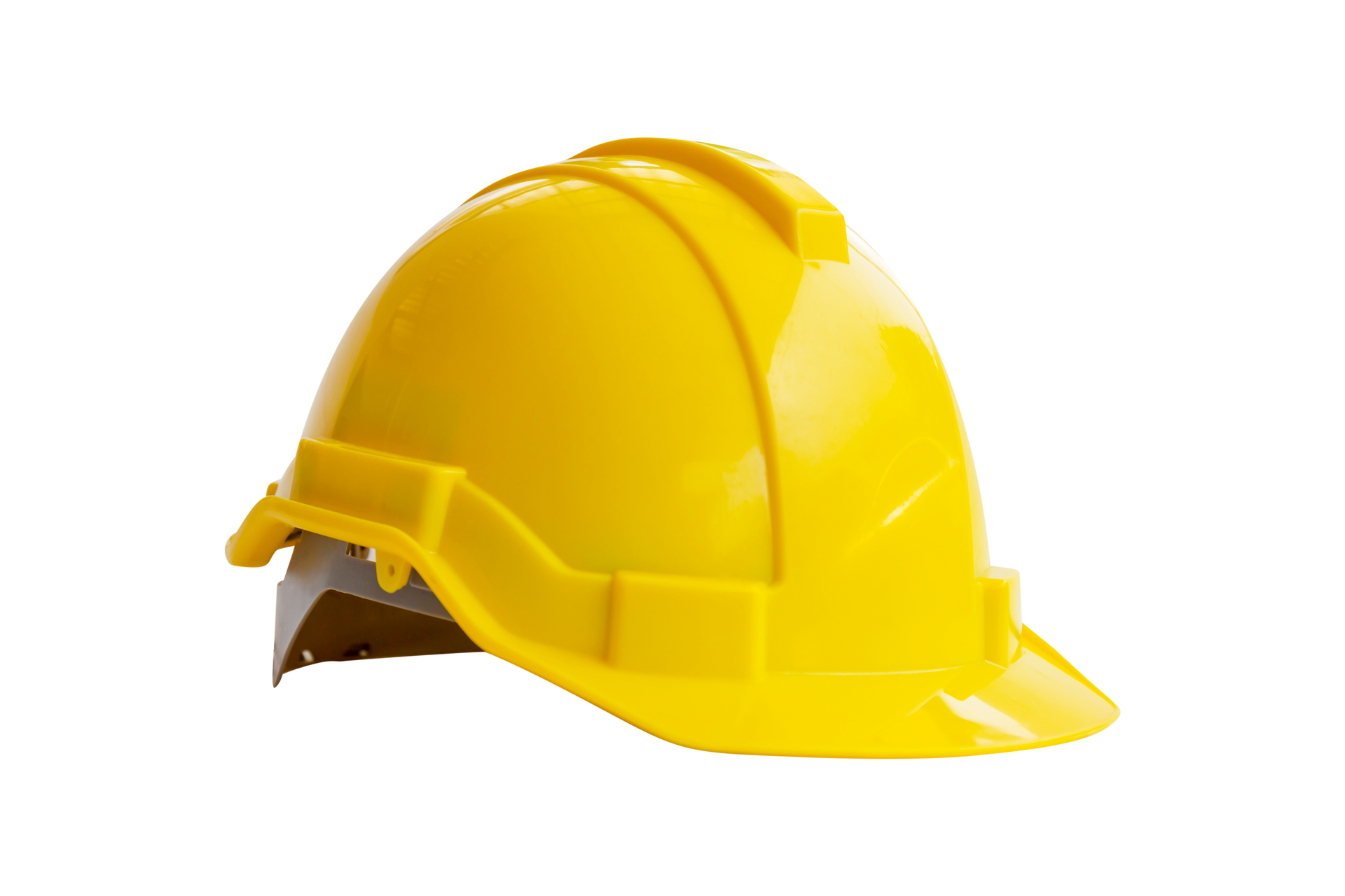 Casque de sécurité jaune, incliné vers la gauche.