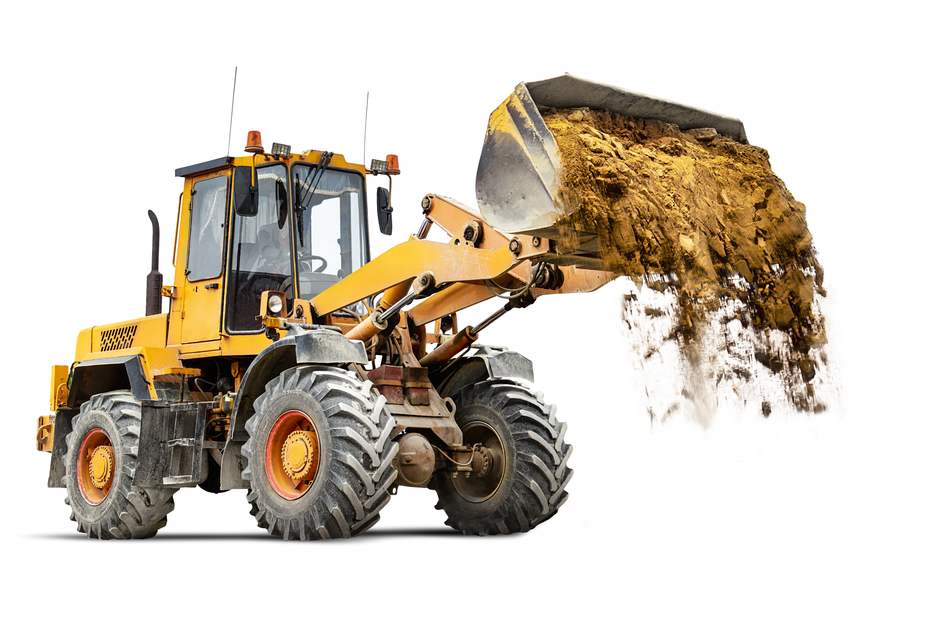 Chargeur jaune déversant de la terre, vue latérale.