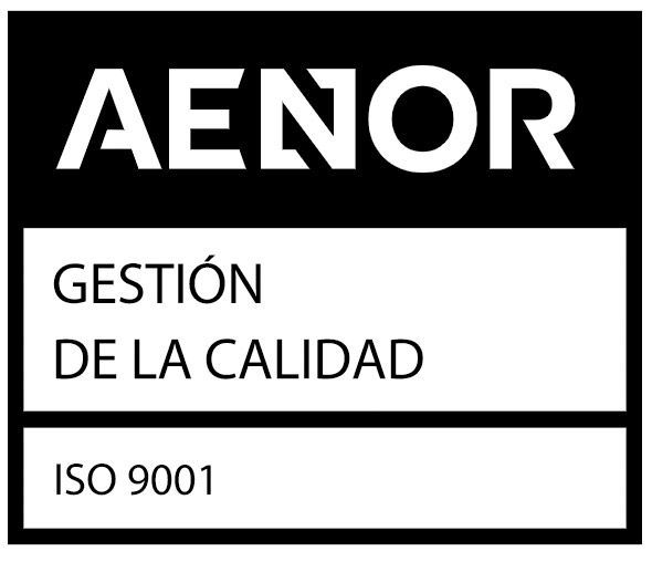 Un cartel en blanco y negro que dice AENOR Gestión de Calidad ISO 9001