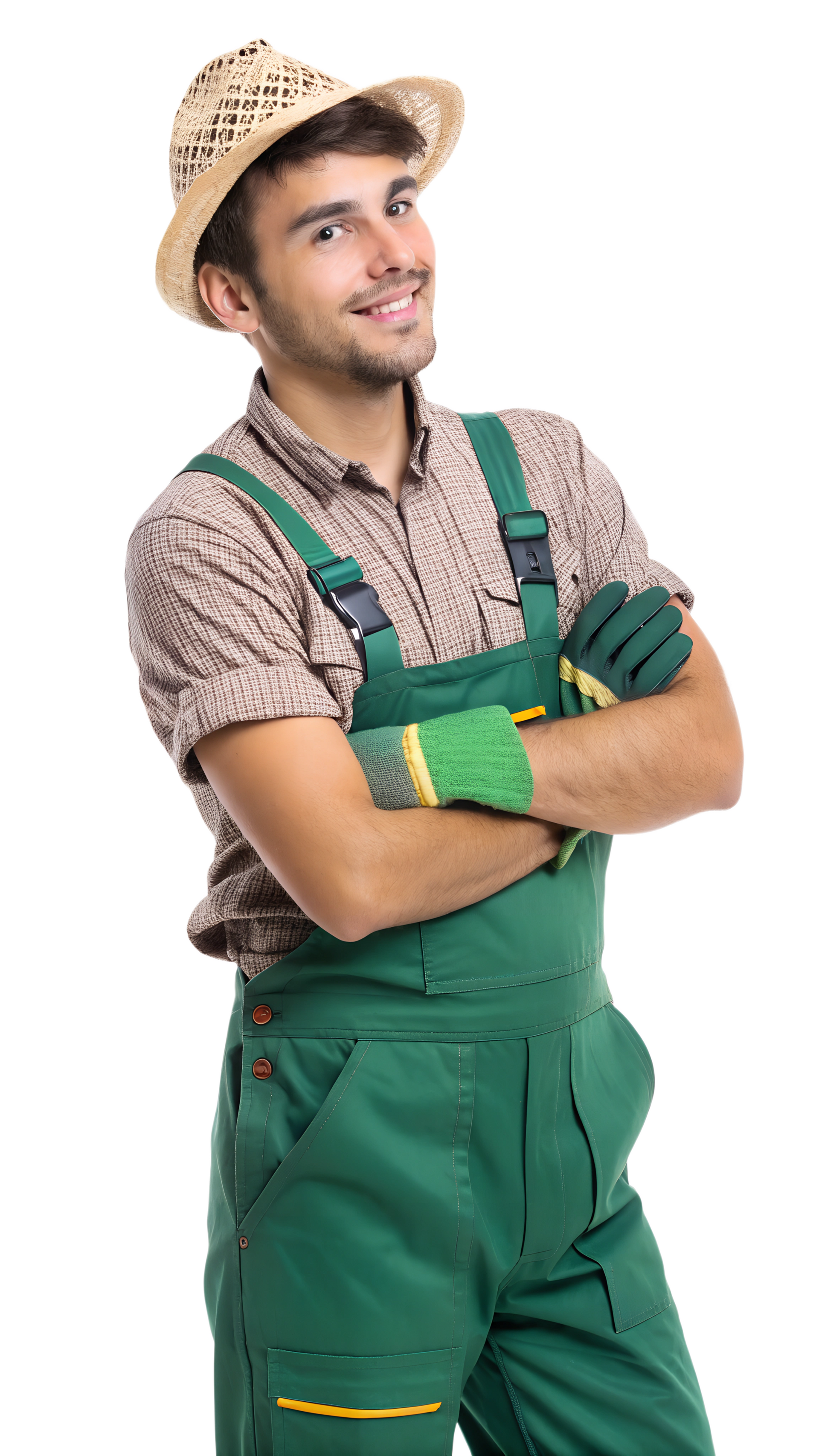 Ouvrier souriant en salopette verte et avec des gants, bras croisés, portant un chapeau de paille sur fond blanc