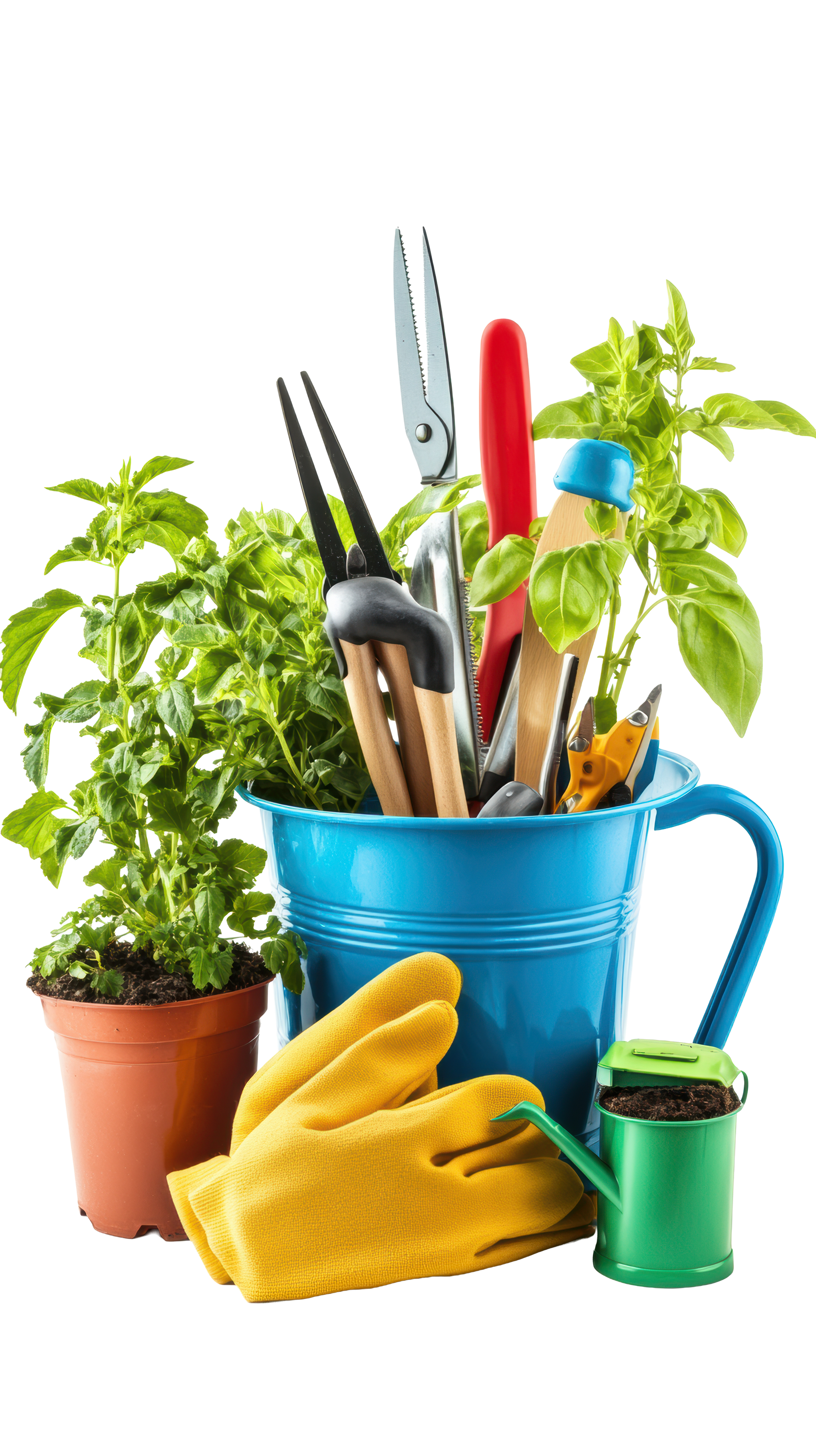 Seau bleu rempli d’outils de jardinage, avec des plantes en pot, des gants jaunes et un arrosoir vert.