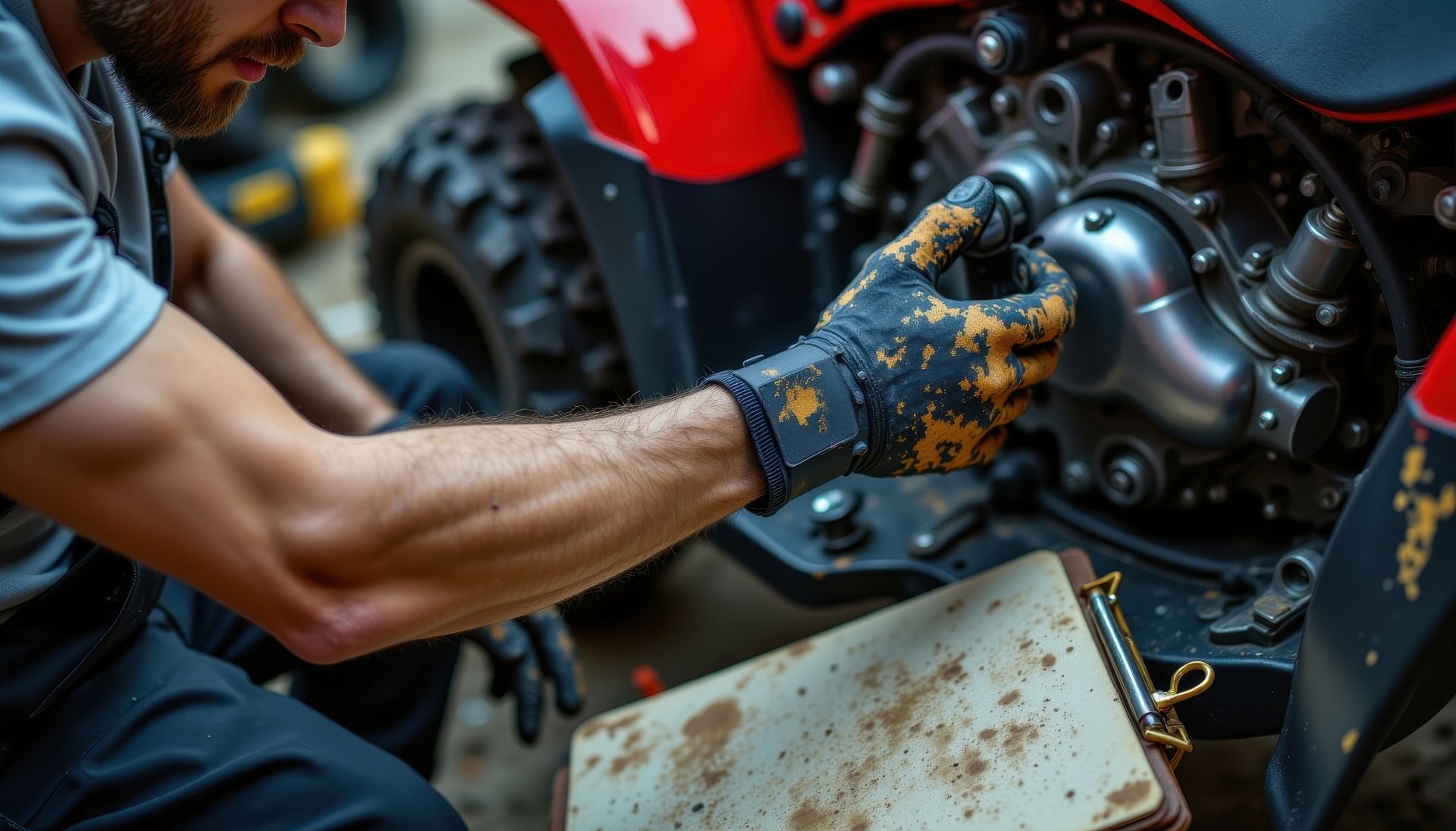 Un mécanicien portant des gants bleus travaille sur une machine rouge, avec des outils à proximité.