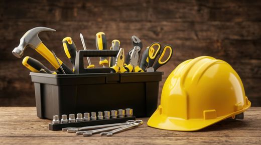 Casque de chantier jaune et divers outils sur un établi en bois.