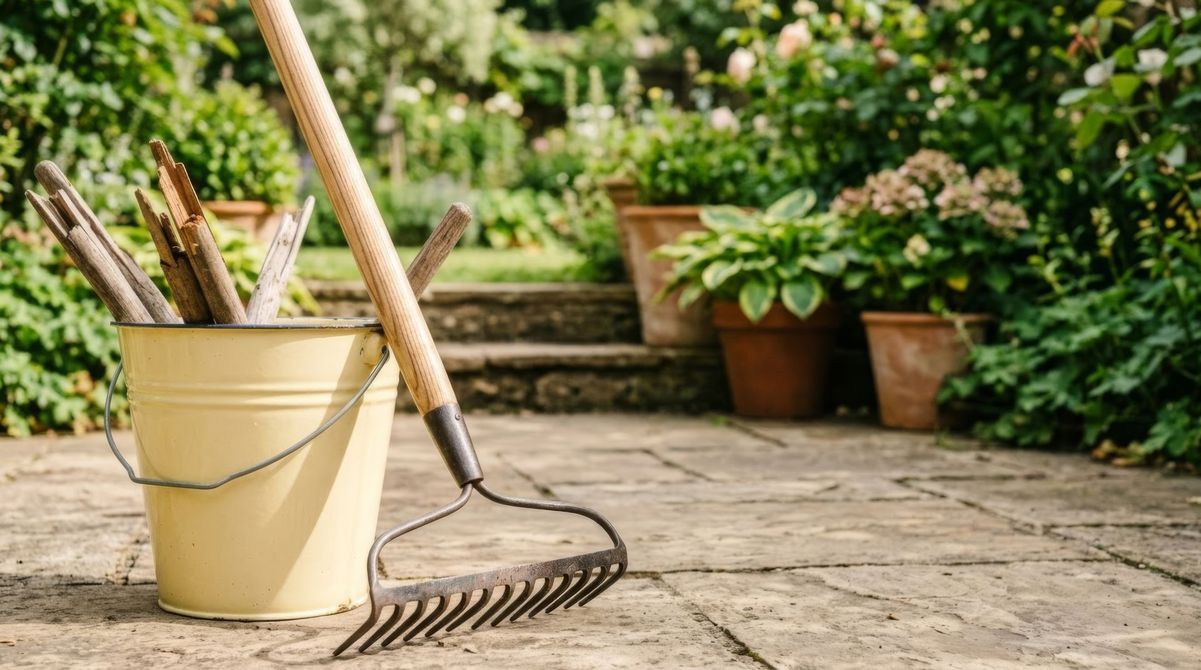 Outils de jardinage dans un seau crème sur une terrasse en pierre, entouré de plantes en pot et de verdure.