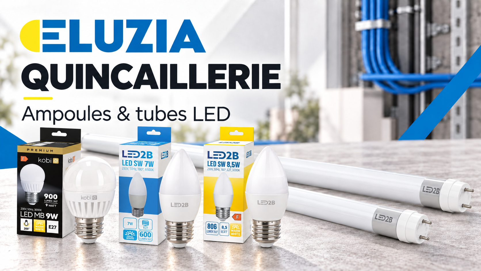 Des ampoules et des tubes à LED, présentée sur un comptoir de magasin de bricolage.