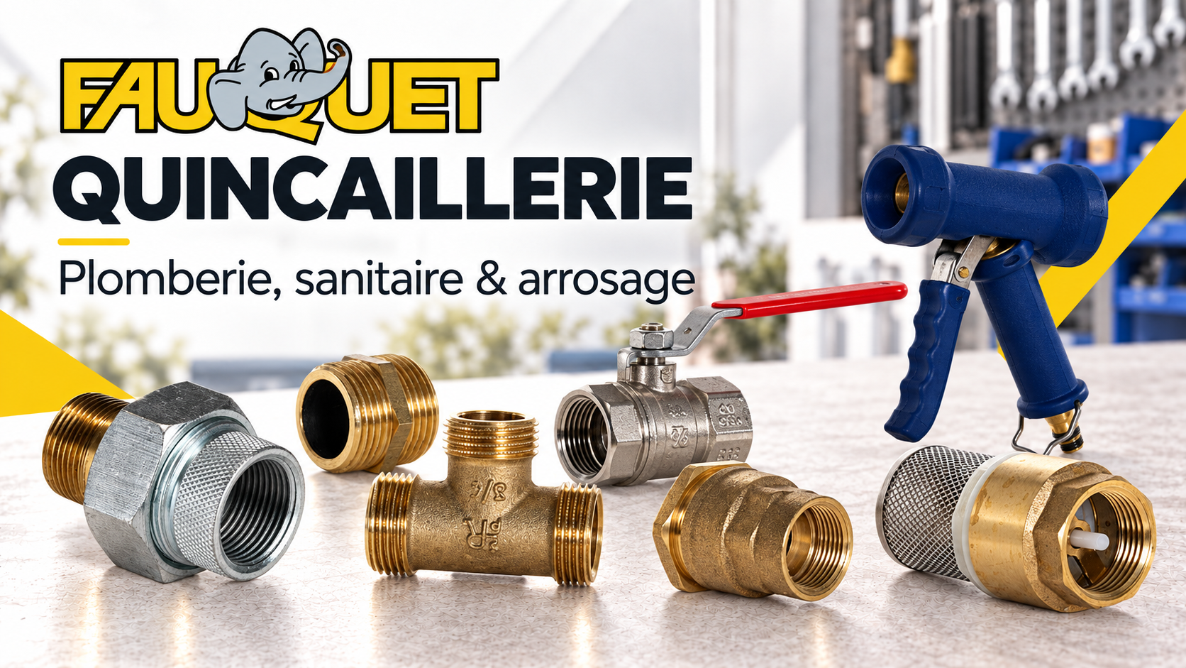 Faubjet Quincaillerie, matériel de plomberie et d’irrigation, avec raccords en laiton et outils pour tuyaux.