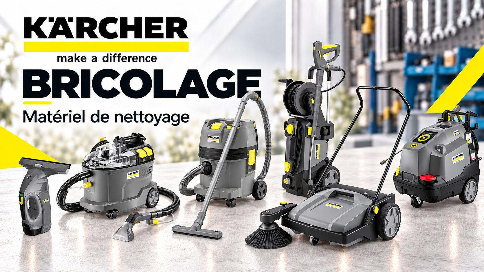 Publicité pour les équipements de nettoyage Kärcher, avec des aspirateurs, des nettoyeurs à haute pression et des autolaveuses.