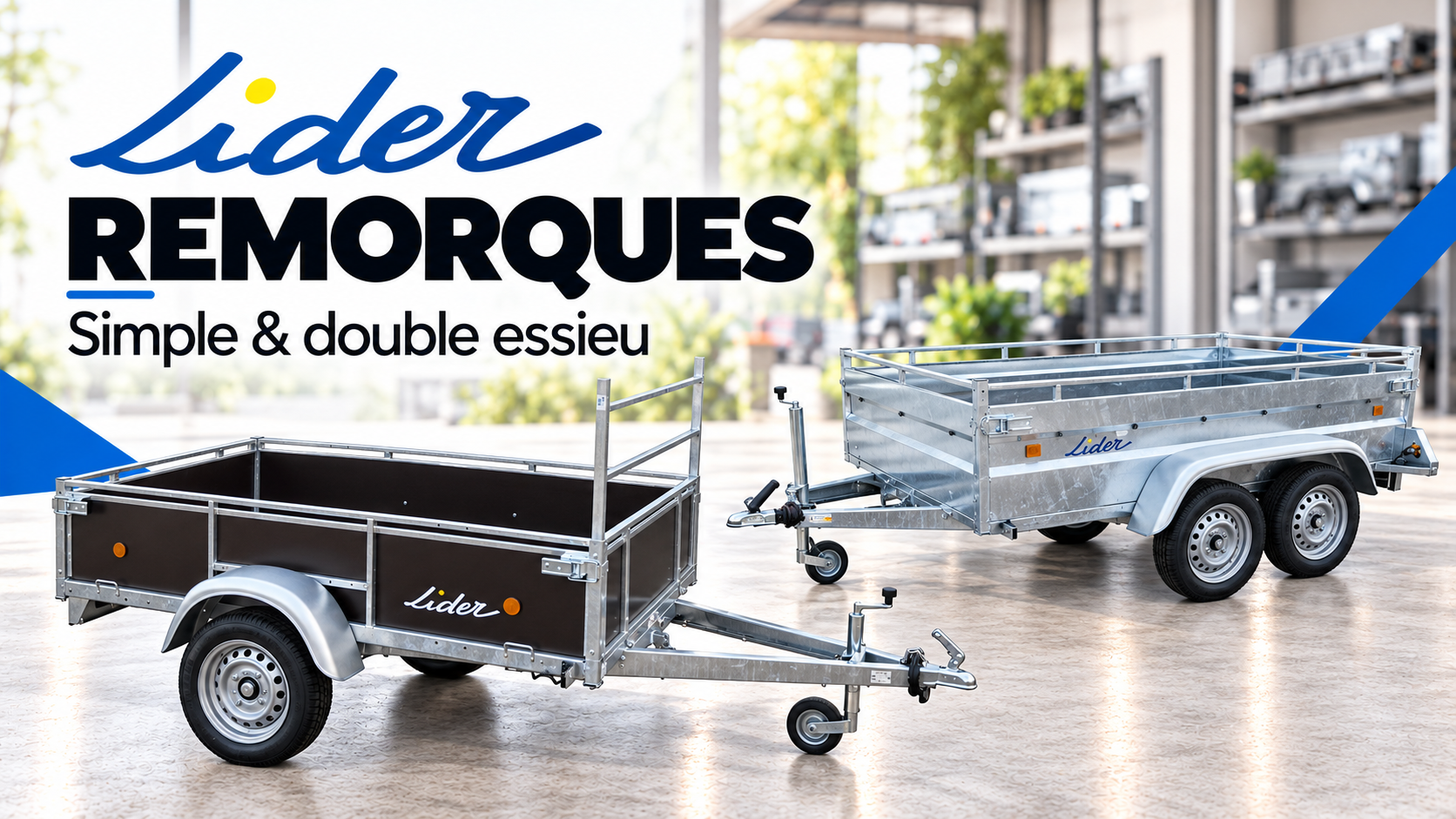Publicité pour une remorque montrant deux remorques utilitaires.
