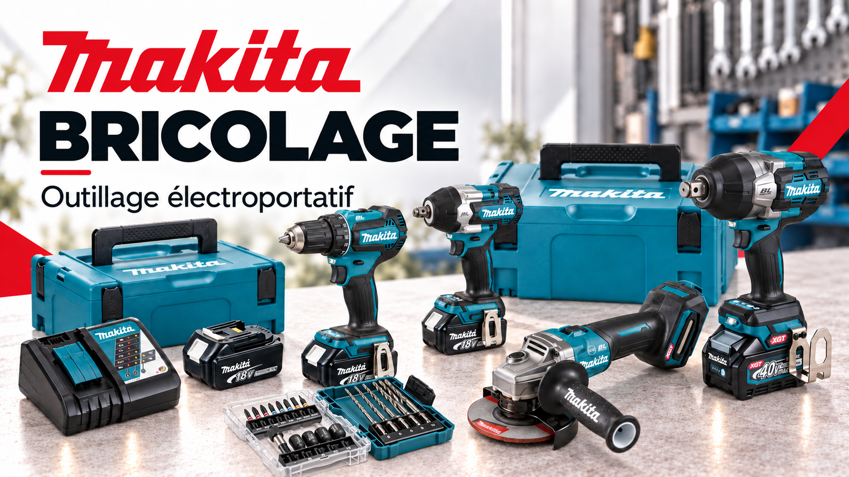 Outils de bricolage Makita présentés sur une surface blanche.