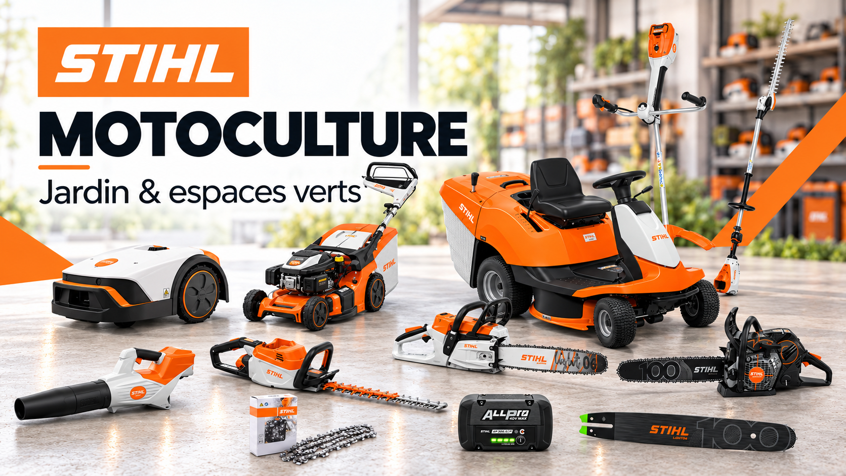 Publicité STIHL motoculture avec des outils de jardin orange et noirs et des batteries exposés dans un atelier.