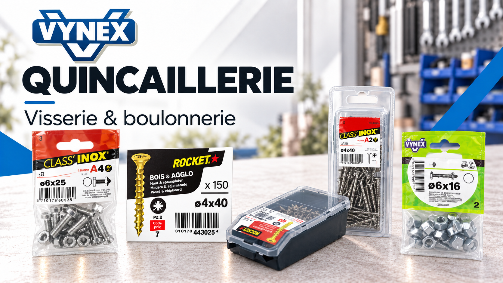 Publicité VYNEX pour de la quincaillerie, avec des vis, des fixations et des accessoires d’outillage, sur fond de rayon de magasin.