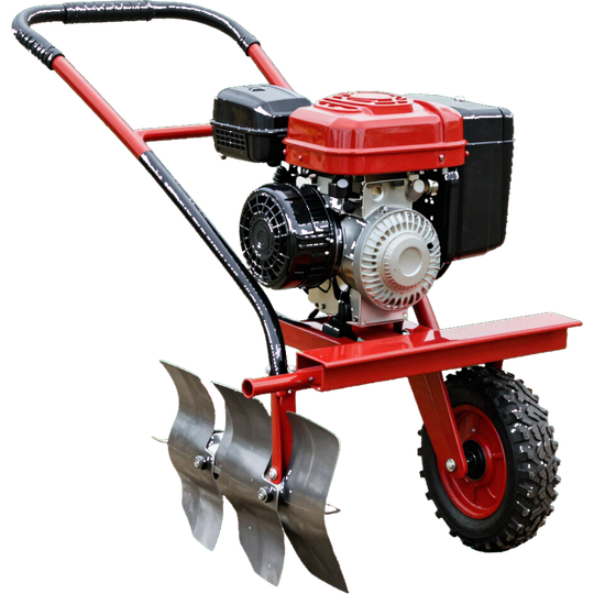 Motobineuse rouge à essence avec guidon, roue noire et fraises argentées.