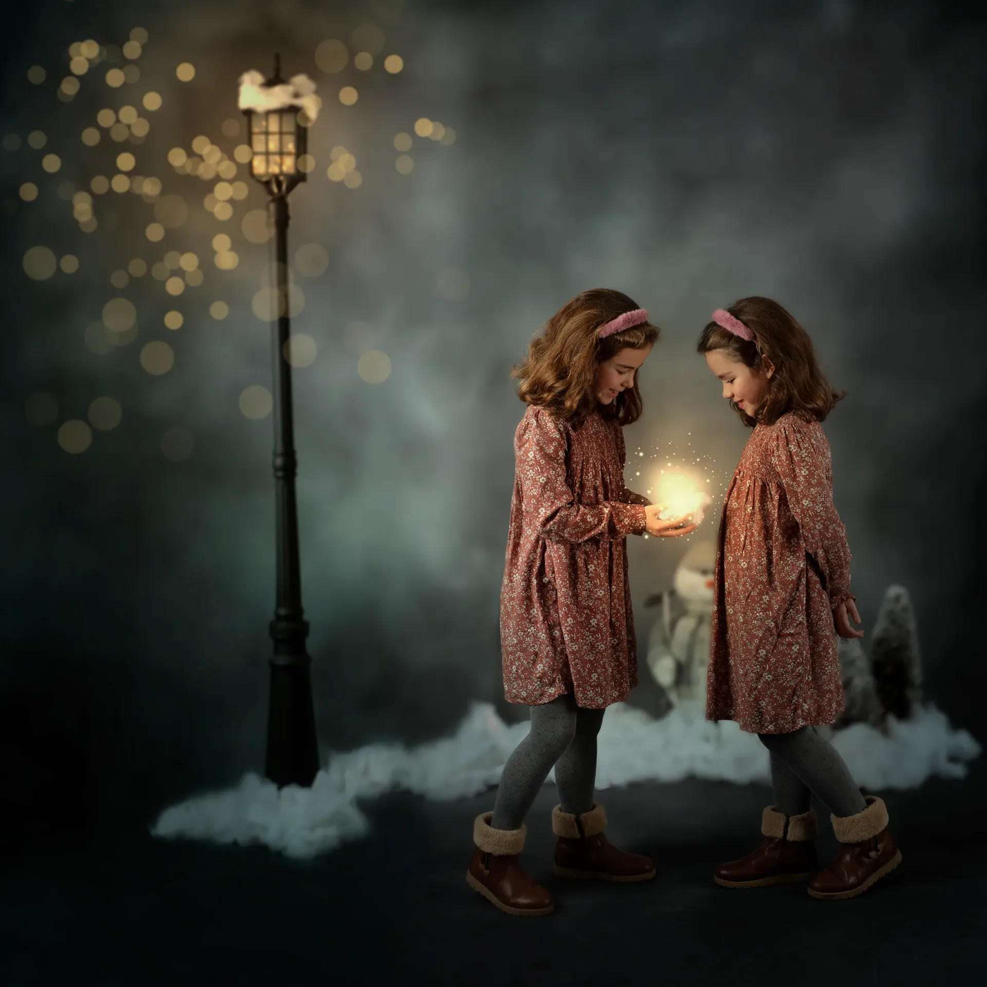 Dos niñas con vestidos similares, sosteniendo una luz brillante. Junto a una farola, nieve, fondo oscuro.