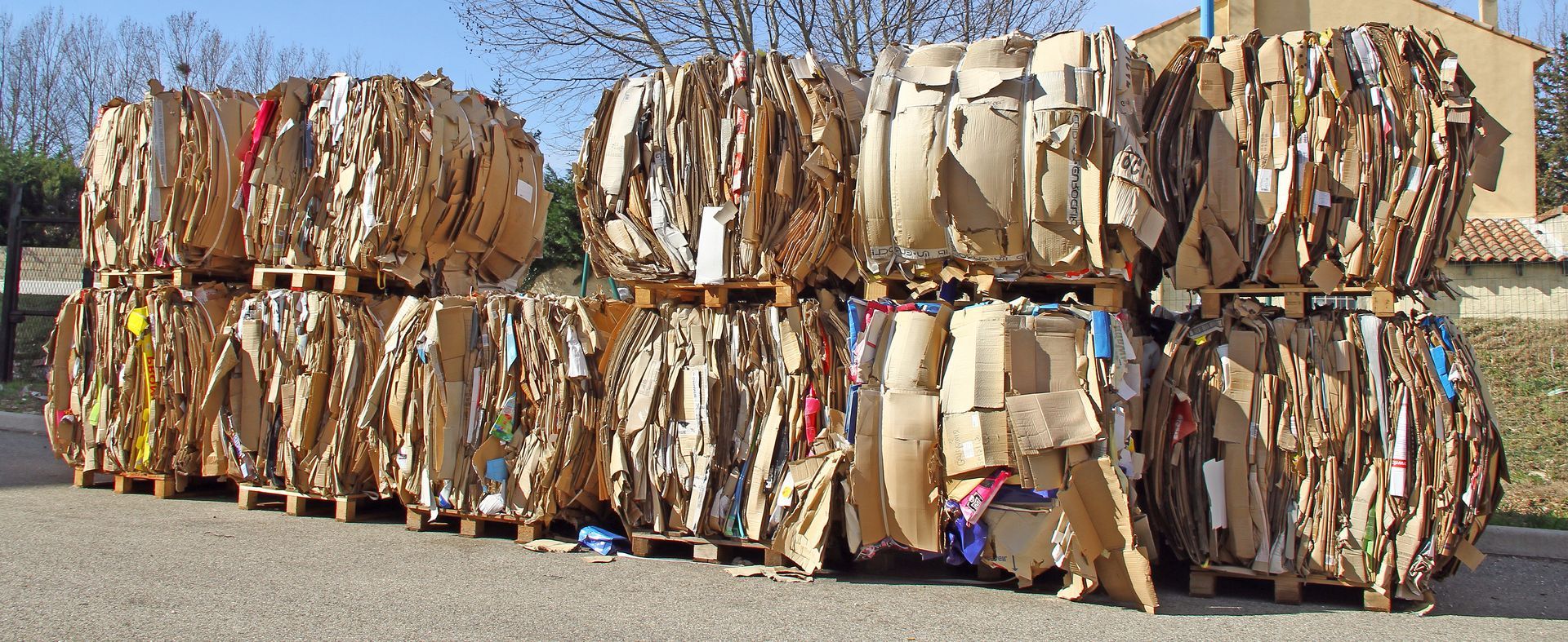 Des piles de carton en balles, empilées sur des palettes à l'extérieur, prêtes à être recyclées.